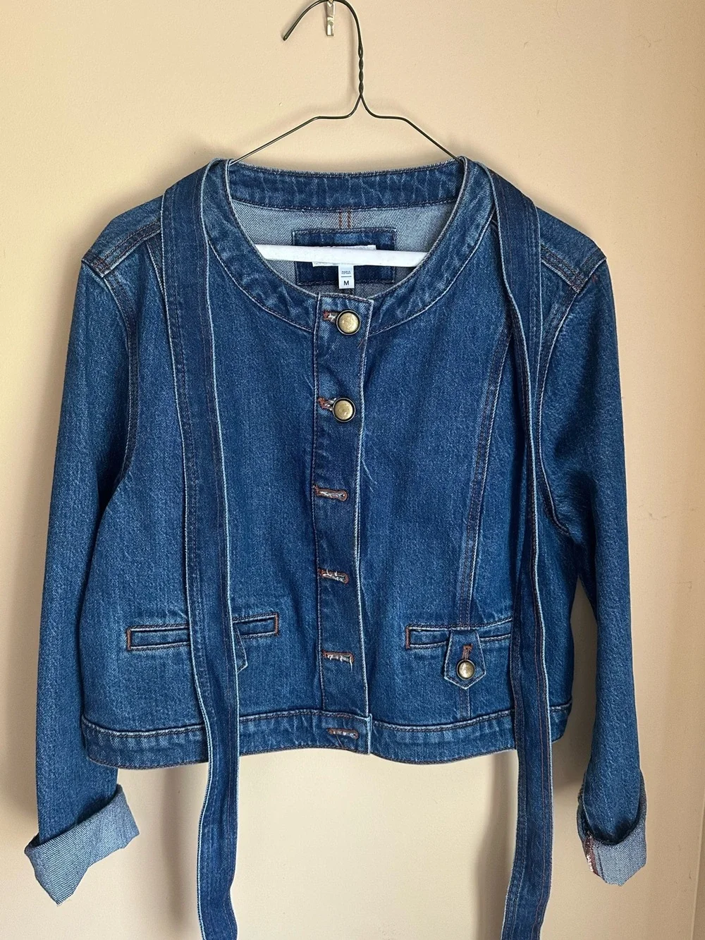LOFT Mid Indigo Collarless with Bow Denim Jacket - Blue